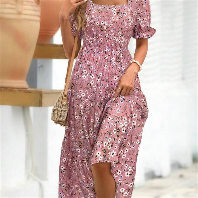 Women's Square Collar Waist Printed Dress S-XXXL
