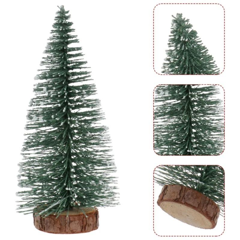 Mini Christmas Trees Artificial Pine Tabletop Decor Snow Top Dark Green Silver White Wood Base Xmas Party Decoration Decoration