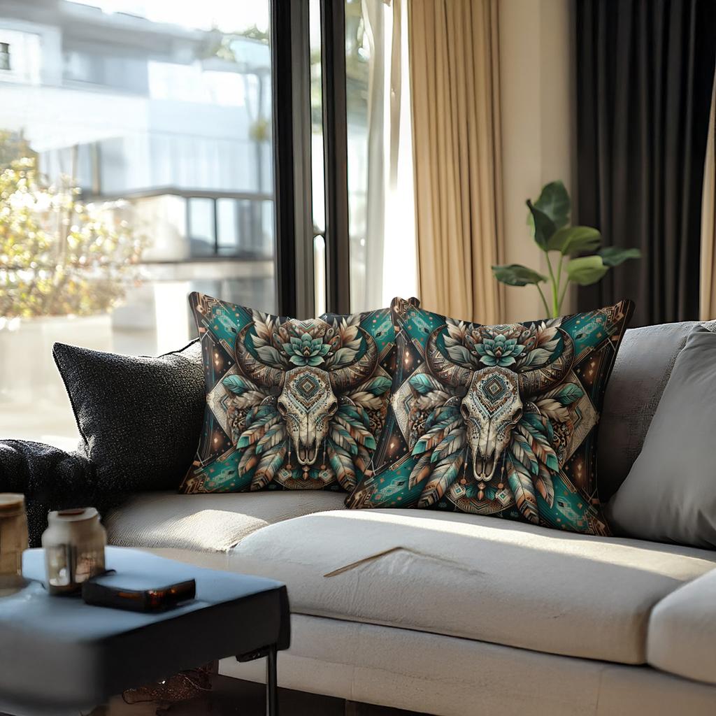 Vintage Western Cow Skull Throw Pillow Boho Sunflower Turquoise Print Decorative Cushion For Sofa Bedroom Living Room Cushion