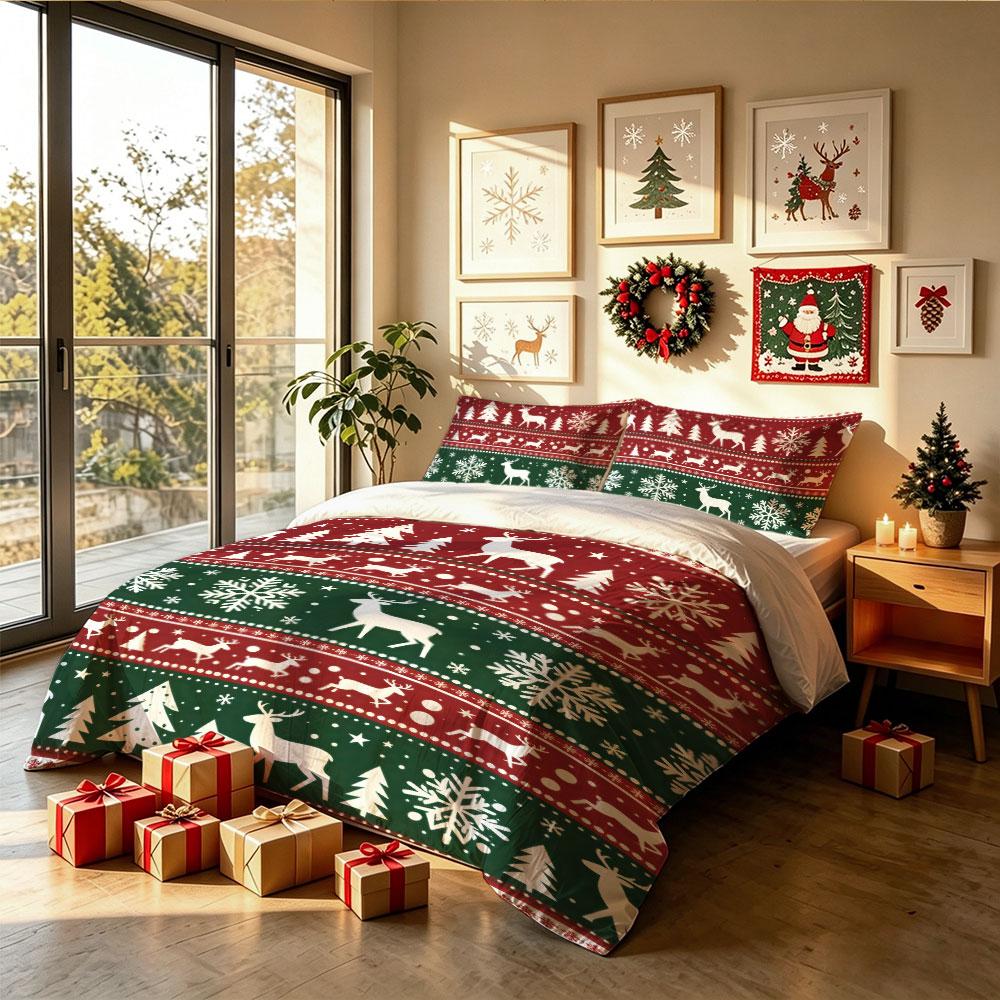 Christmas Duvet Cover Set 3Pcs Nordic Knit Reindeer Snowflake Tree Print Soft Microfiber Bedding with Pillowcases Decor