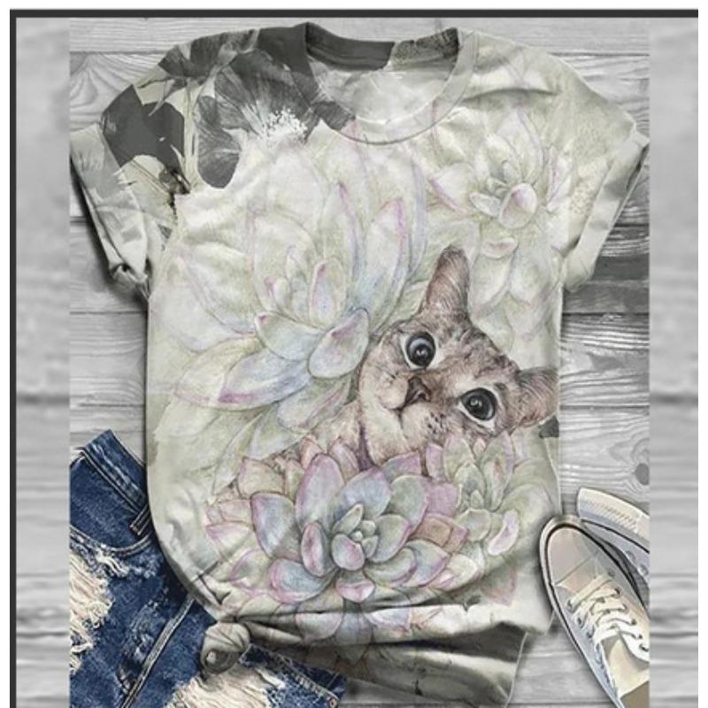 Summer New Style Summer Women's Loose Round Neck Short Sleeve Cat 3D Printed T-shirt