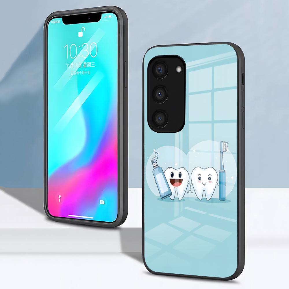 Cute Dentist Tooth Phone Case For Samsung S26 S25 S24 FE S23 S22 S21 Plus S20 Ultra Note20Ultra Black Glass Cover