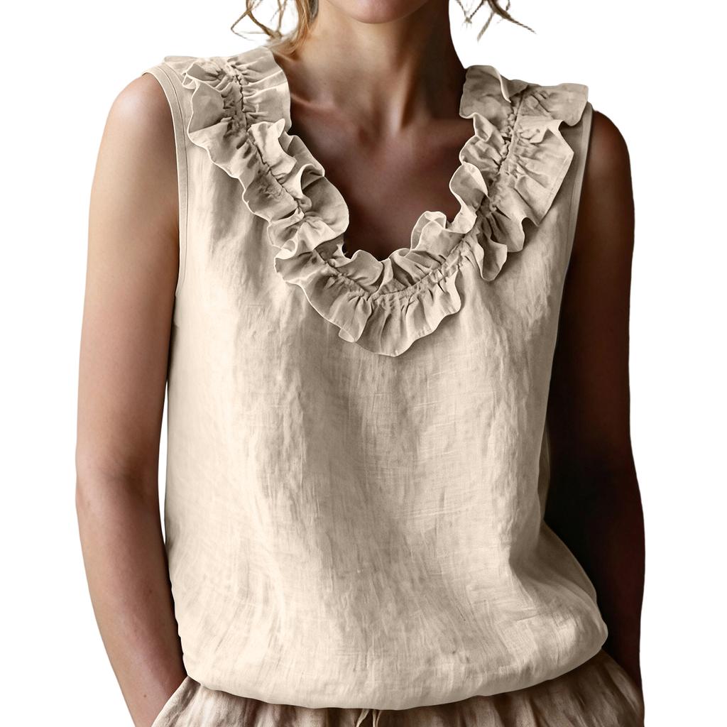 Women's Sleeveless V-Neck Ruffle Trim Blouse Casual Color Top for Summer