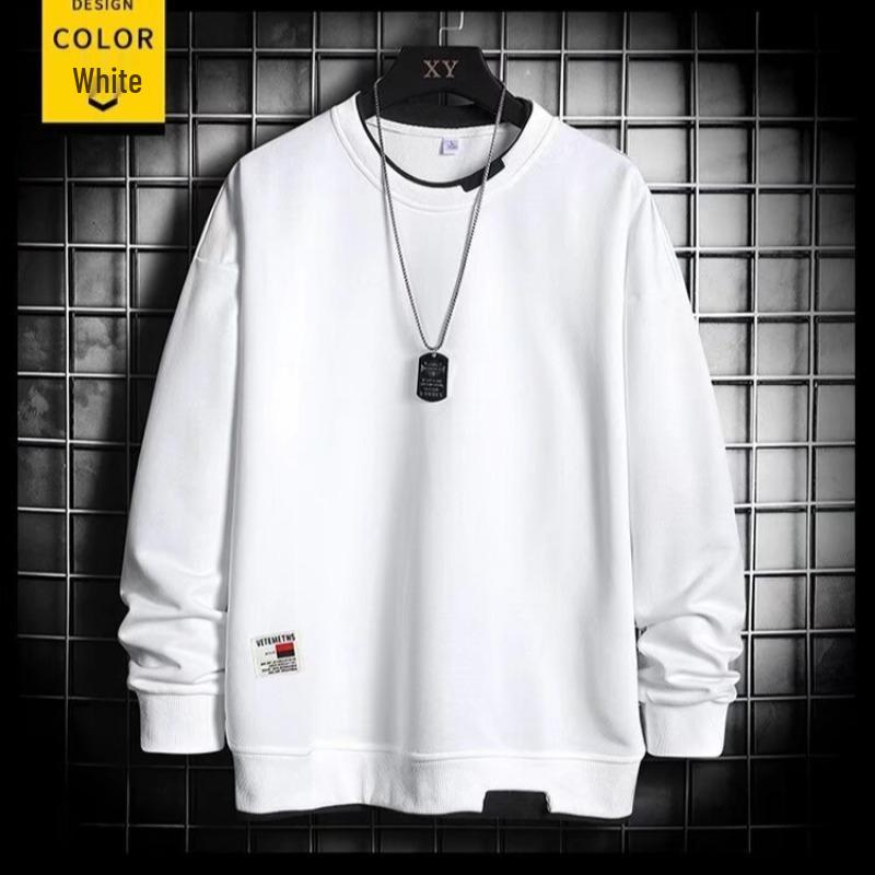 Men's Trendy No-Hood Round Neck Pullover: Autumn/Winter Long-Sleeved Fake Two-Piece Loose Fit Hoodie