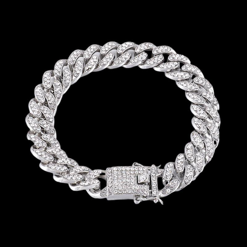G-Overshare Fashion Street Rap Shining Full Diamond Cuban Necklace Ins Men & Women Trendy Hip Hop Clavicle Chain Silver Full Diamond Cuban Bracelet 18cm