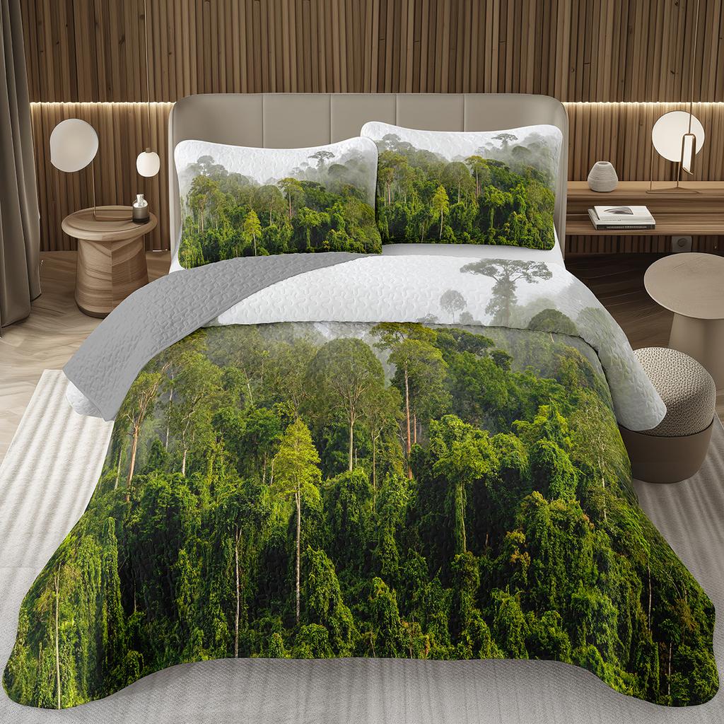 Forest Bedspread King/Full Magical Woodland Jungle Coverlet Set Dreamy Misty Scene Quilted Bedding Set Reversible Grey Bed Cover