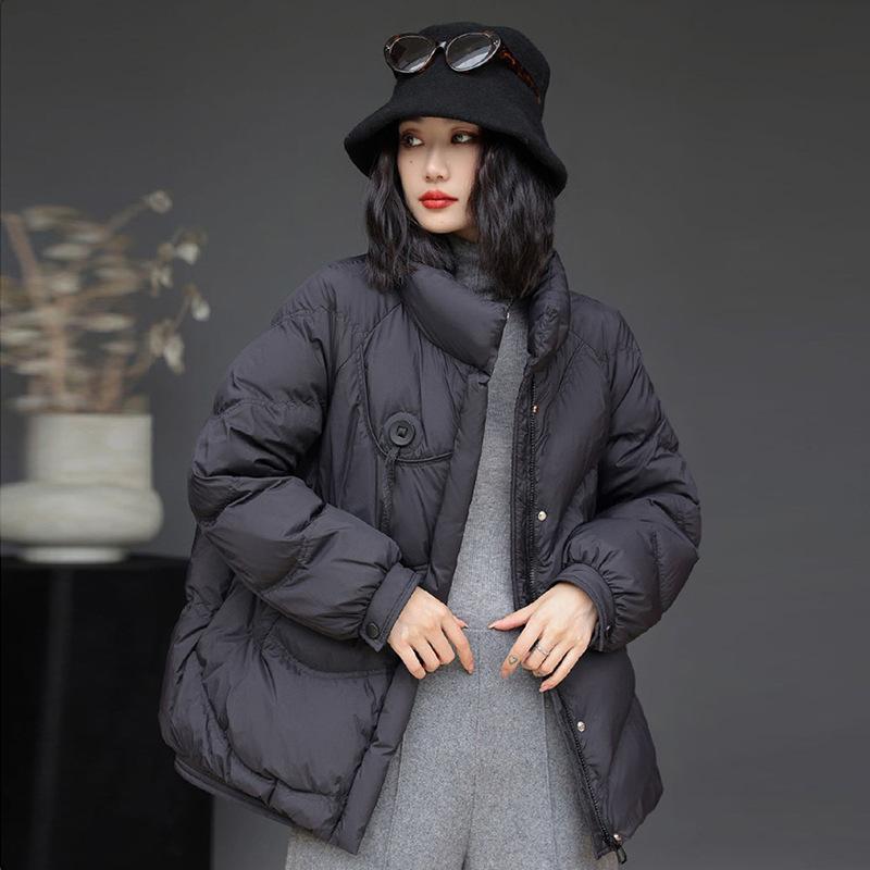 White duck down stand-up collar down jacket women's short 2024 winter new fashion big buckle literary mother warm coat