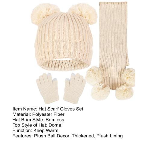 3Pcs/Set Kids Hat Scarf Gloves Set Solid Color Jacquard Plush Ball Decor Knitting Hat Long Scarf Winter Gloves Set