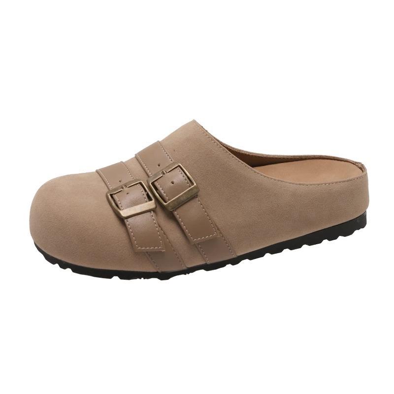 Baotou half slippers women's spring wear new retro flat-bottomed leather buckle one-pedal slippers