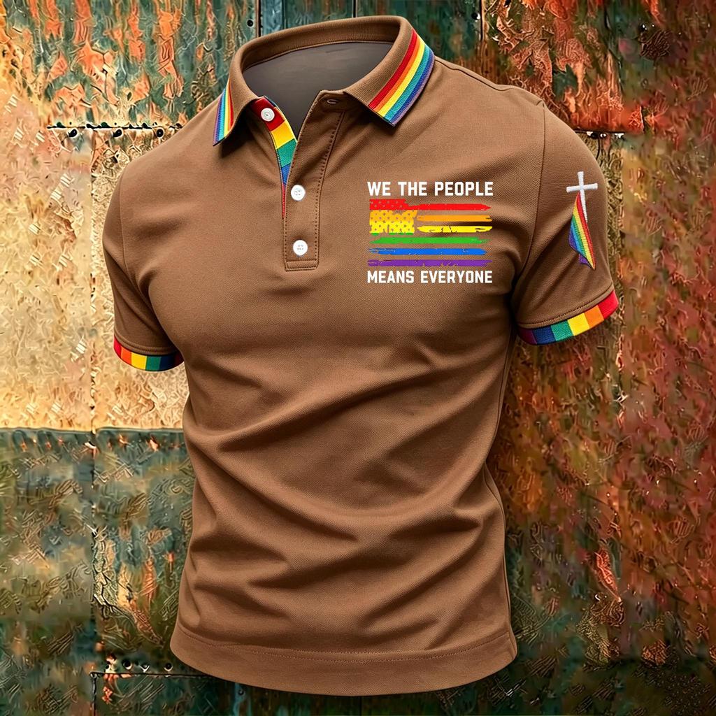 Men's Casual Polo Shirt Short Sleeve Gradient Print Classic Fit Button Down Collar Soft Breathable Fabric Top
