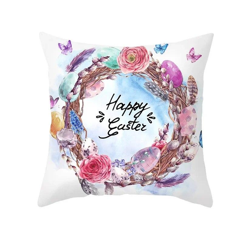 Spring Home Decor Cushion Cover Happy Easter Eggs Rabbit Decorative Pillow Covers Flowers Bunny Printed Throw Pillowcase 45x45cm