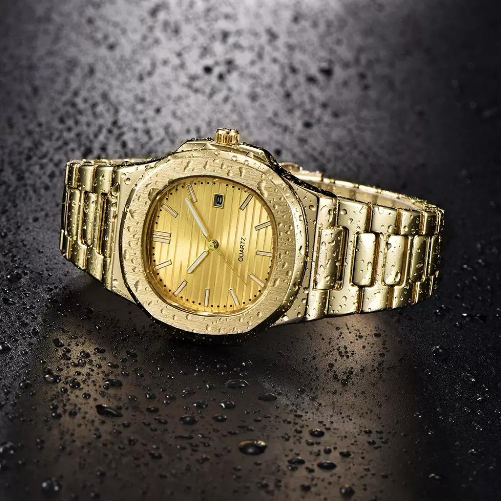 Goldene Herren Markenuhren Mode Freizeit Edelstahlarmband Business Datum Quarz Armbanduhr Relogios Masculinos