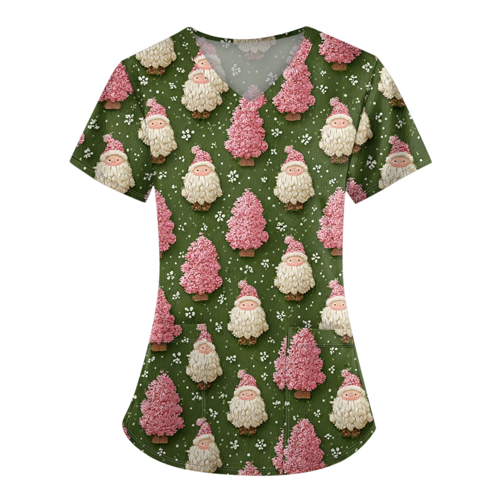 Women s Christmas Printing Short Sleeve V-neck Tops Working Pocket Blouse L