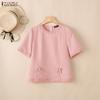 ZANZEA Women Lace Splice Round Neck Casual Short Sleeve Blouse