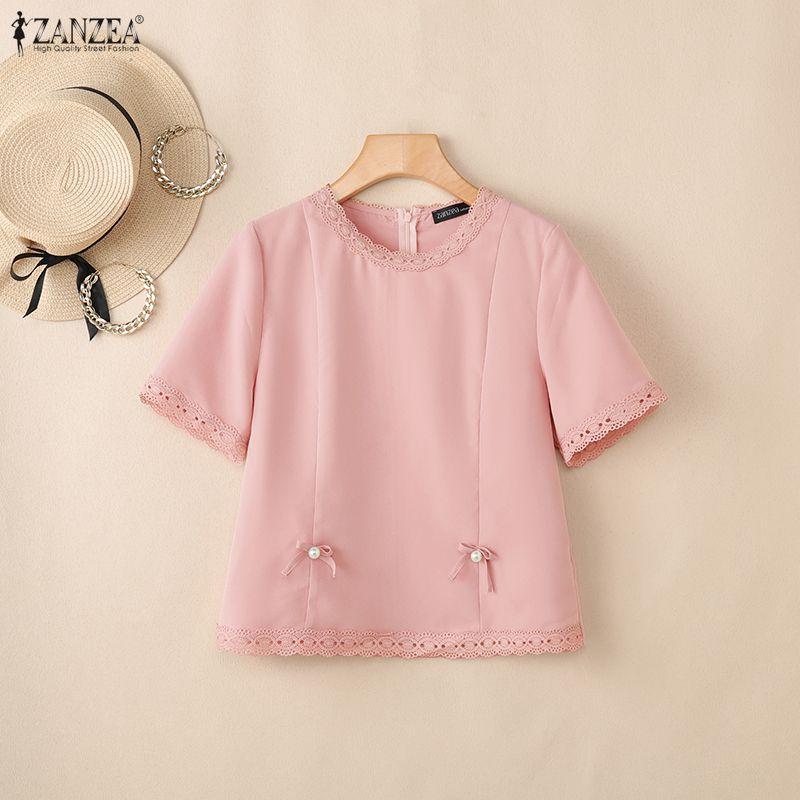 ZANZEA Women Lace Splice Round Neck Casual Short Sleeve Blouse