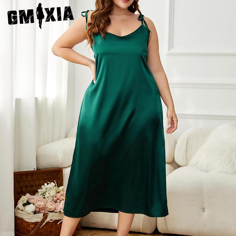 

GMXIA Летний халат на бретельках из ледяного шелка Женский халат из искусственного шелка Большого размера для сна XXXXL зелёный