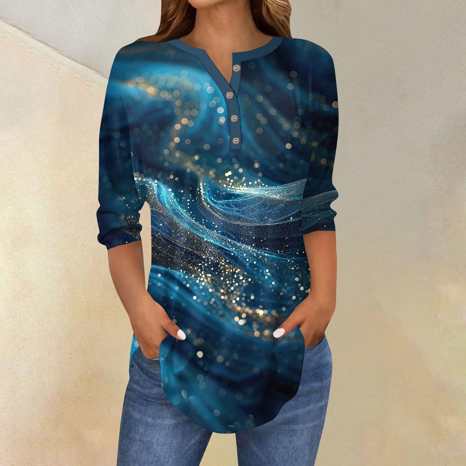 

Женский повседневный топ с рукавами 3/4 и принтом пайеток на пуговицах XXL тёмно-синий