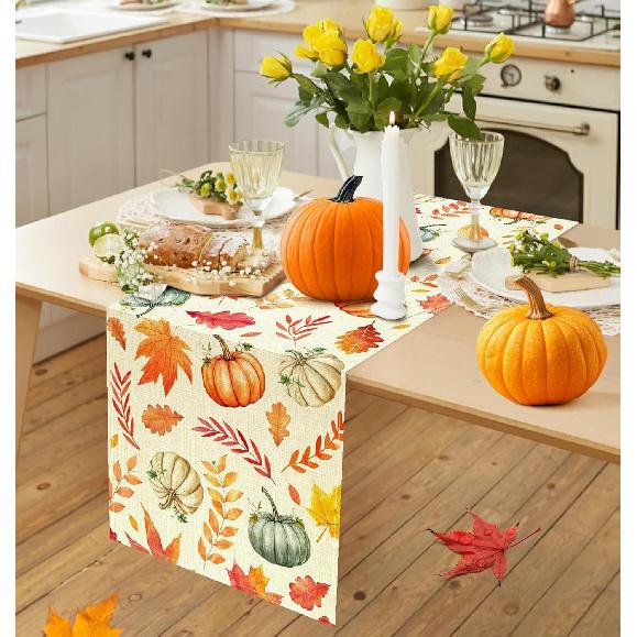Pumpkin Buffalo Plaid Fall Table Runner, Fall Maple Leaves Kitchen Dining Table Runner Decoration for Thanksgiving Party Decor 13x72 Inch