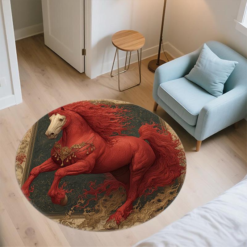 Red Horse,Round Area Rug,Carpet Rug for Living Room Bedroom Sofa Playroom Decor,Non-slip Floor Mat