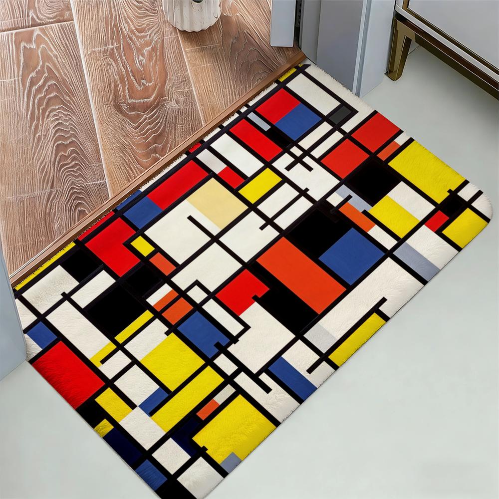 Tappetino Geometrico Astratto Stampa Mondrian Morbido Spesso Antiscivolo in Flanella Calda per Soggiorno Camera da Letto Cucina Tappeti Decorativi