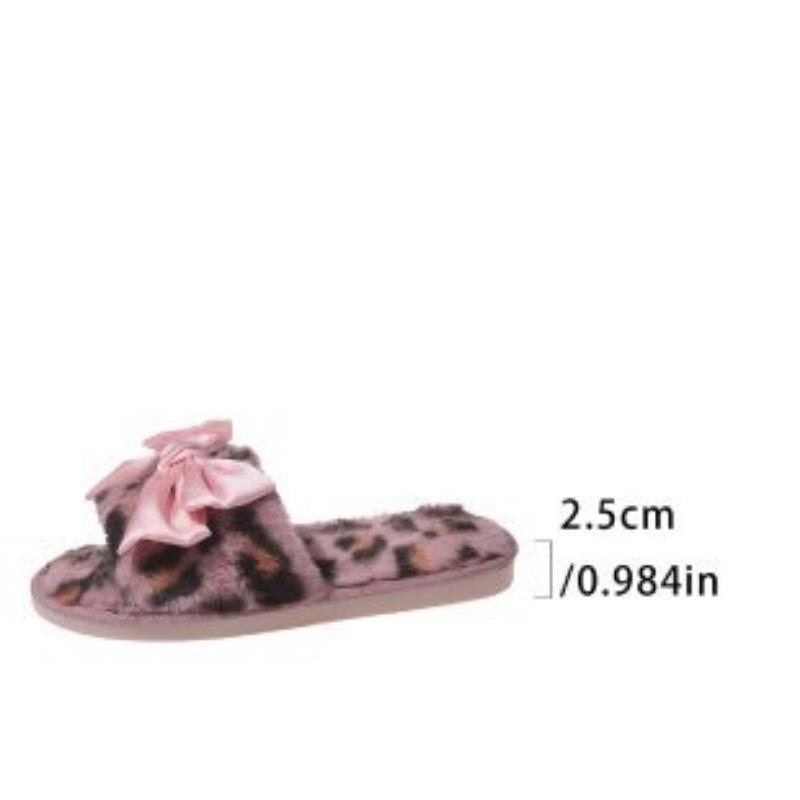 Plush Leopard Print Bow Slippers Women's Autumn and Winter Flat-bottomed Home Floor Mop Open-toed Cotton Slippers Women