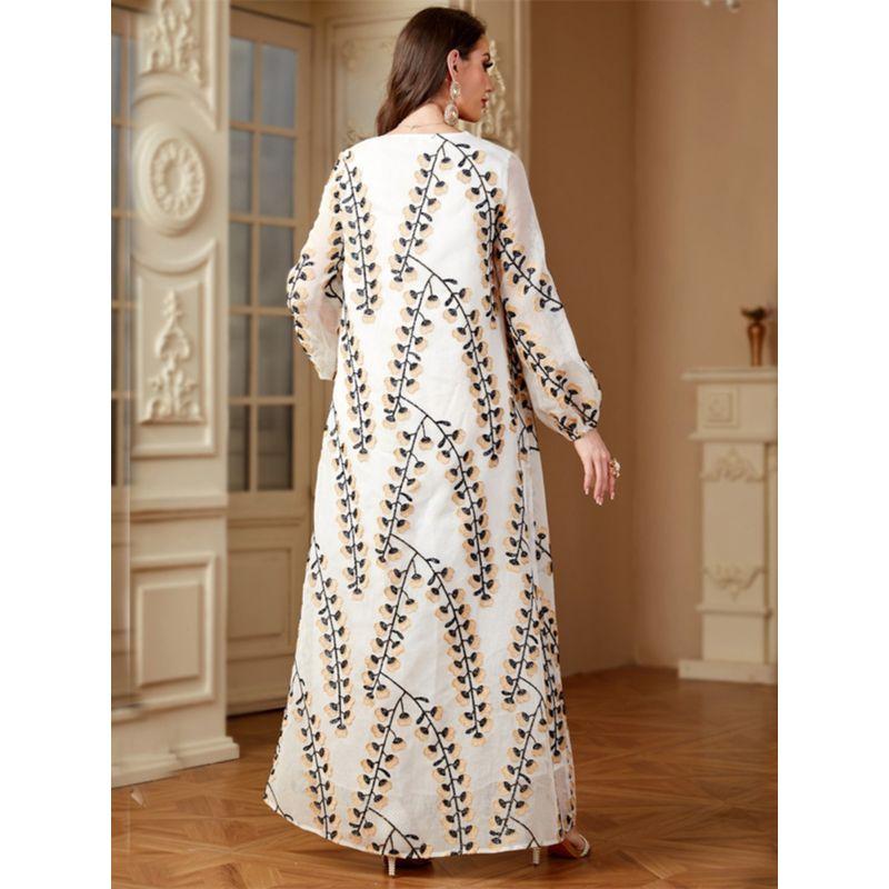 Middle East Indonesia Saudi Arabia Fashion Mesh Embroidered Long Skirt Women's Closed Sleeve Robe Dubai Dress Dresses