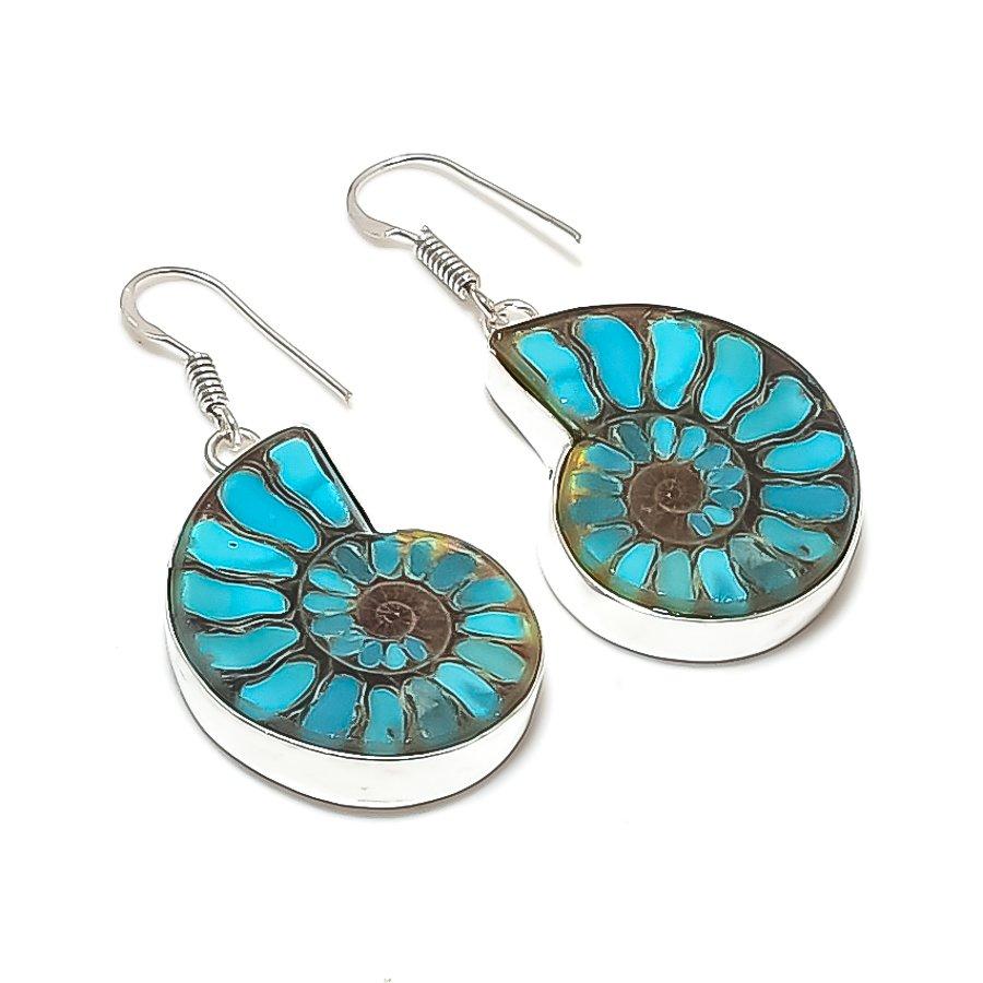 Natural Blue Titanium Ammonite 925 Sterling Silver Jewelry Earring 1.97  AE-11866