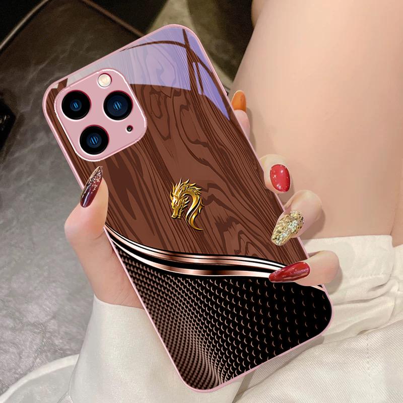 Wood Grain Dragon Rose Purple For IPhone 15 Pro 14 13 12 Mini 11 XS Max XR 7 8 Plu SE 2020 2022 Tempered Glass Phone Case