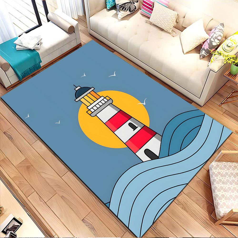 Lighthouse in Ocean Waves Patterned carpet, non slip mat suitable for living room and bedroom sofas