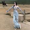 Women's Off Shoulder Long Sleeve Mesh Top Slim Fit Tie Dye Printed Asymmetric Hem Y2K Fashion Crop Top