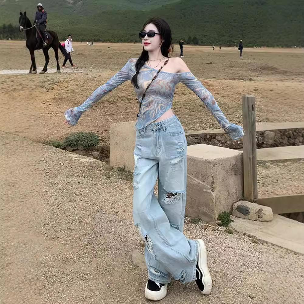 Women's Off Shoulder Long Sleeve Mesh Top Slim Fit Tie Dye Printed Asymmetric Hem Y2K Fashion Crop Top