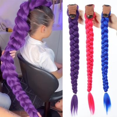 Long Purple Braids Cosplay Hair Extensions Synthetic Braiding Hair Easy Clip In Ponytail for Cosplay Halloween Costume