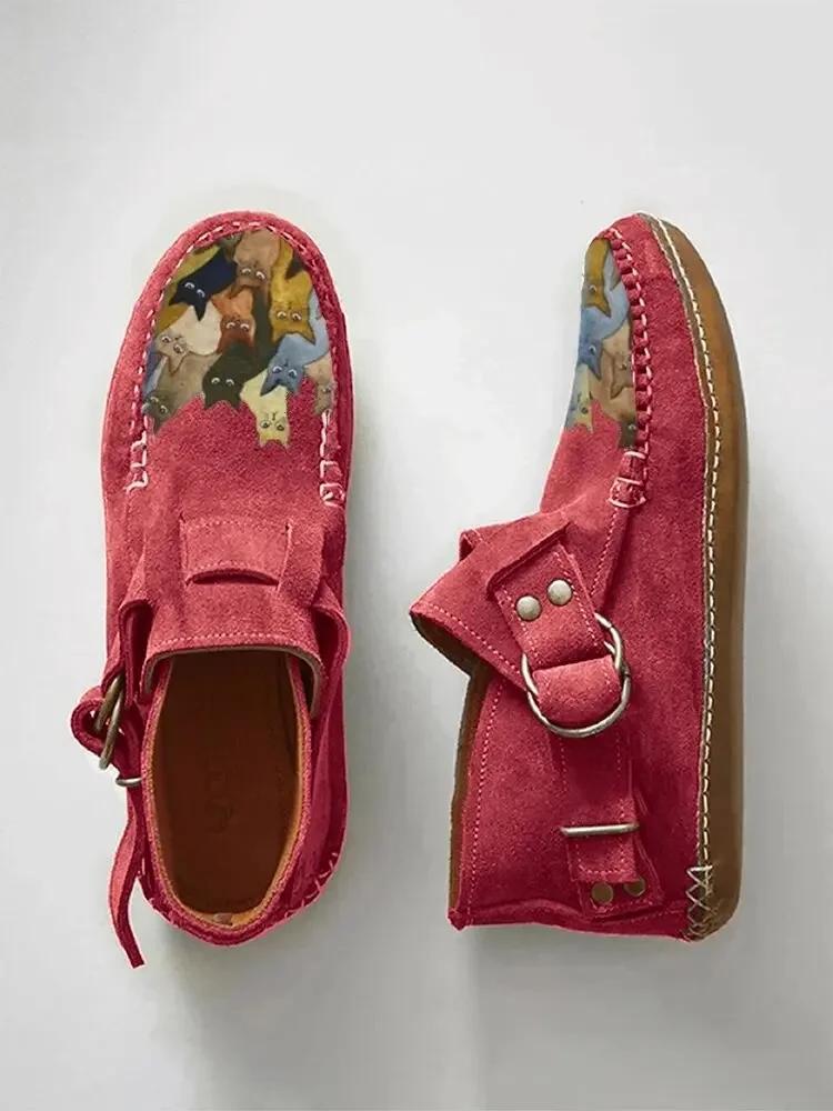 Winter Damen Schuhe Damen Komfort Cartoon Katze Bedruckt Leder Flach Knöchelhohe Stiefel Knopf Lässig Botas De Mujer Stiefel für Damen