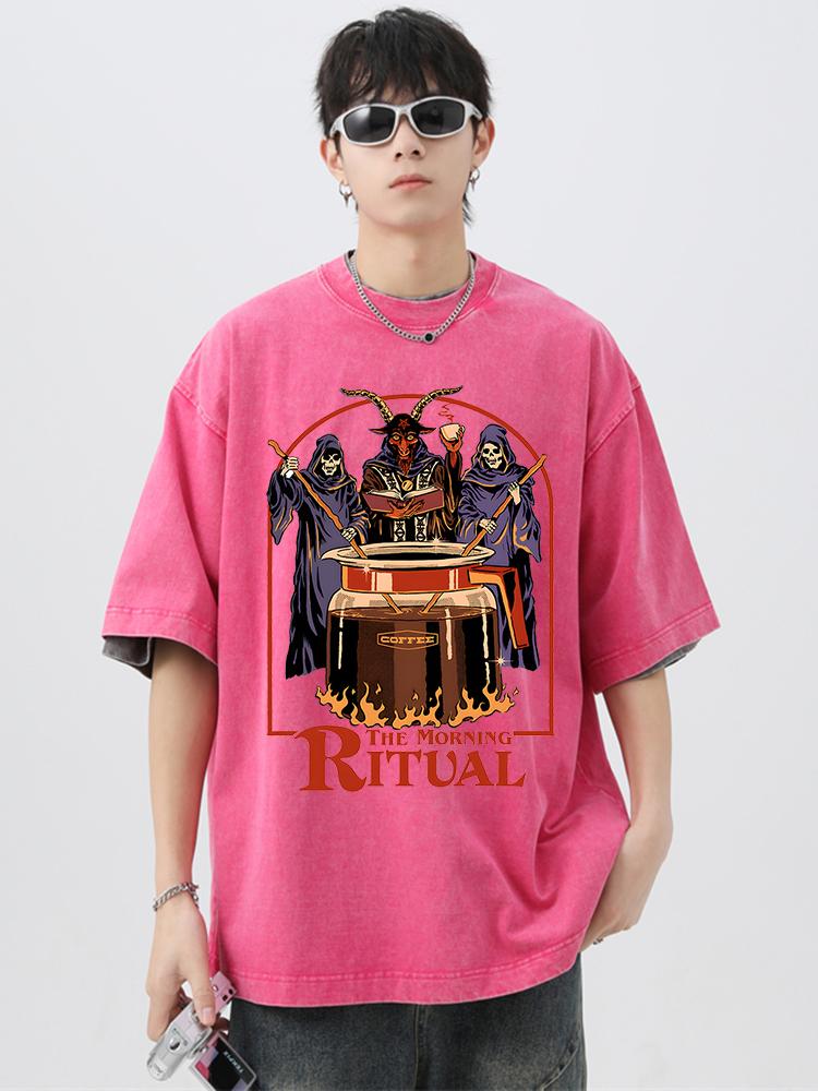 The Morning Ritual Coffee Funny Washed Retro Men T Shirts Summer Cotton T-Shirts Breathable Loose Clothes