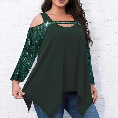 Spring Autumn Street Style Hollow Out Sequins Irregular T-shirt Women Long Sleeve Off the Shoulder Pullover Tee Top