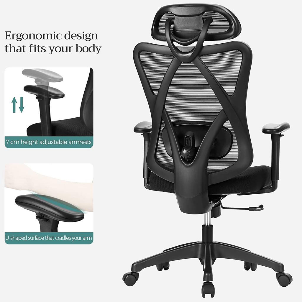 SONGMICS Office Chair, Ergonomic Desk Chair, Computer Chair, Mesh Chair, Adjustable Lumbar Support and Headrest, 150 kg, Height-Adjustable, Black