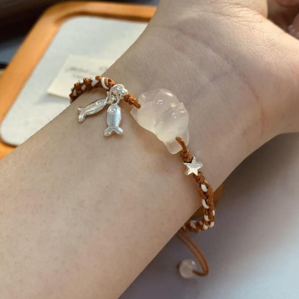 Handmade Cute Kitten White Chalcedony Rope Bracelet: Mori Style & Versatile Design