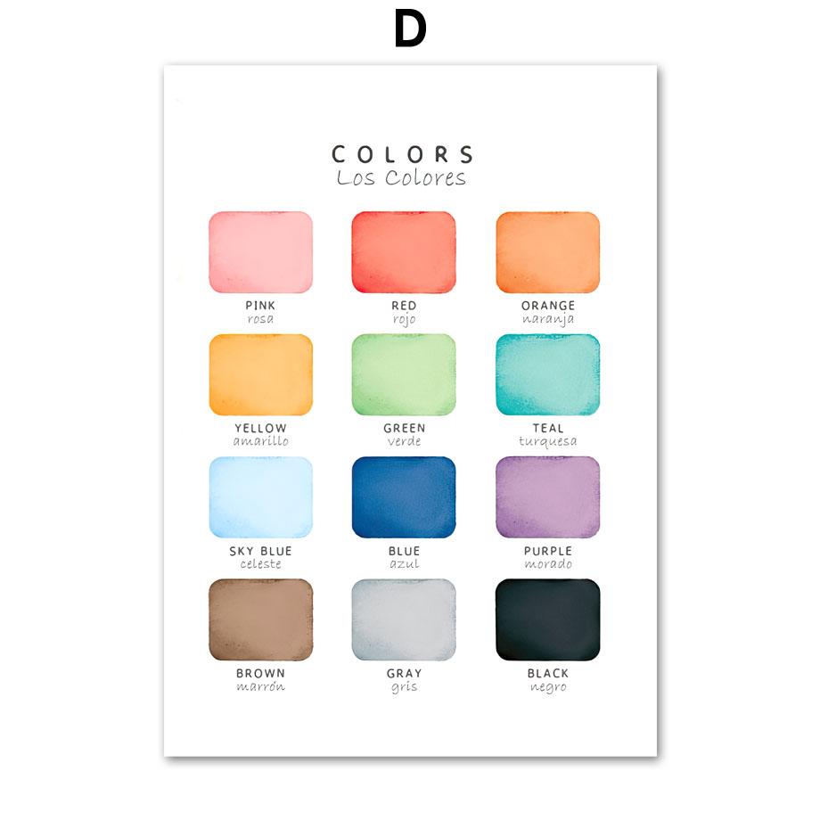 Bilingual Spanish Educational Learning Poster Alphabet Color Wall Art Print Canvas Painting Wall Pictures Baby Kids Room Decor