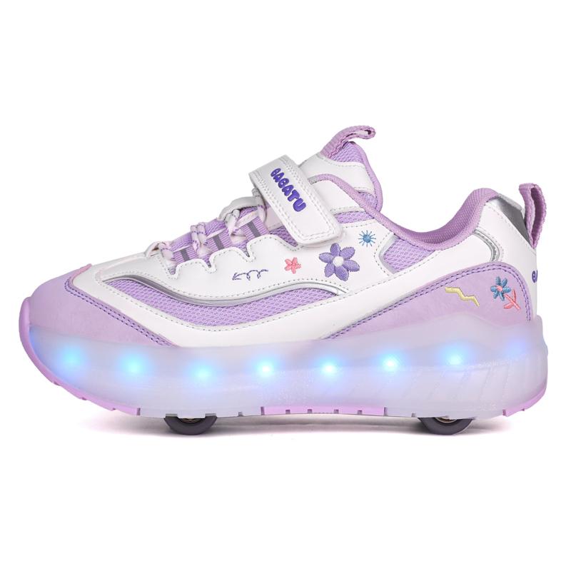 

Четырехколесные съемные плоские спортивные туфли для мальчиков, перезаряжаемые светодиодные светящиеся спортивные туфли, четырехколесные роликовые коньки 38 фиолетовый/белый