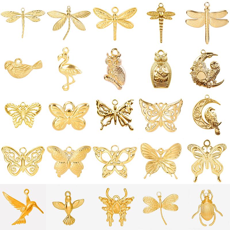 5pcs Fashion Bird Dragonfly Pendant Real Gold Plated Stainless Steel Charm Butterfly Pendants For Jewelry Making Bulk Breloques