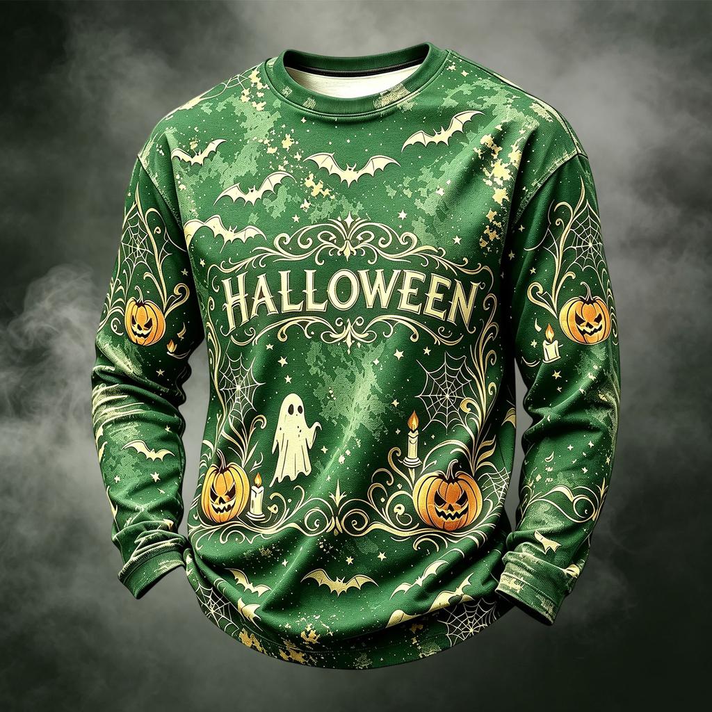 Men's Casual Knit Neck Long Sleeve Top with Halloween Print