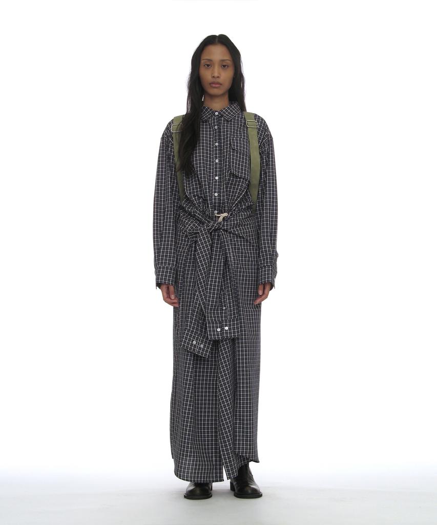 Partimento Woman Sleeve-Tie Shirt Maxi Dress_Navy Check