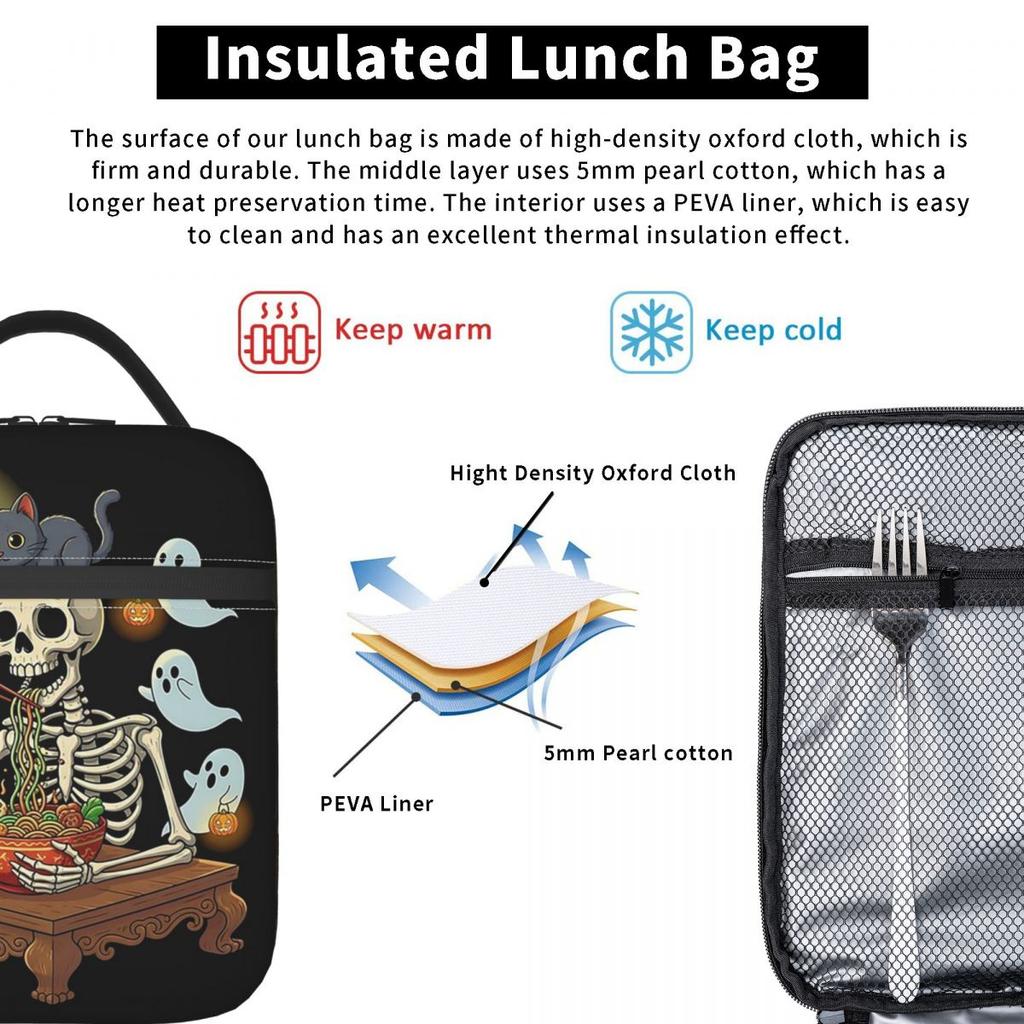 Cartoon Skeleton Eating Ramen Food Halloween Insulated Lunch Bag for Women Children Portable Food Boxes Thermal Lunch Box Tote