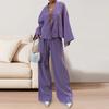 Yousheng 2 Stück/Set Damen Hemd Hosen Set Schnür-Strickjacke Langarm-Bluse Weite Hosen Vollständige Länge Hosen Hauskleidung Lässiges Outfit Pyjama Anzug