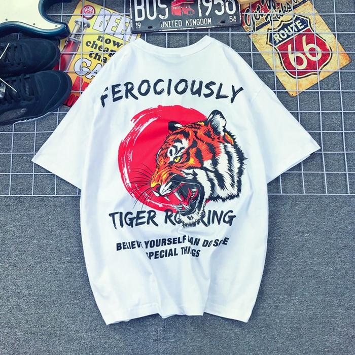 Japanese Printed Tiger Head Japanese Retro Hip-hop Tiger Print Large Size Cotton Locomotive Short-sleeved T-shirt for Men Women