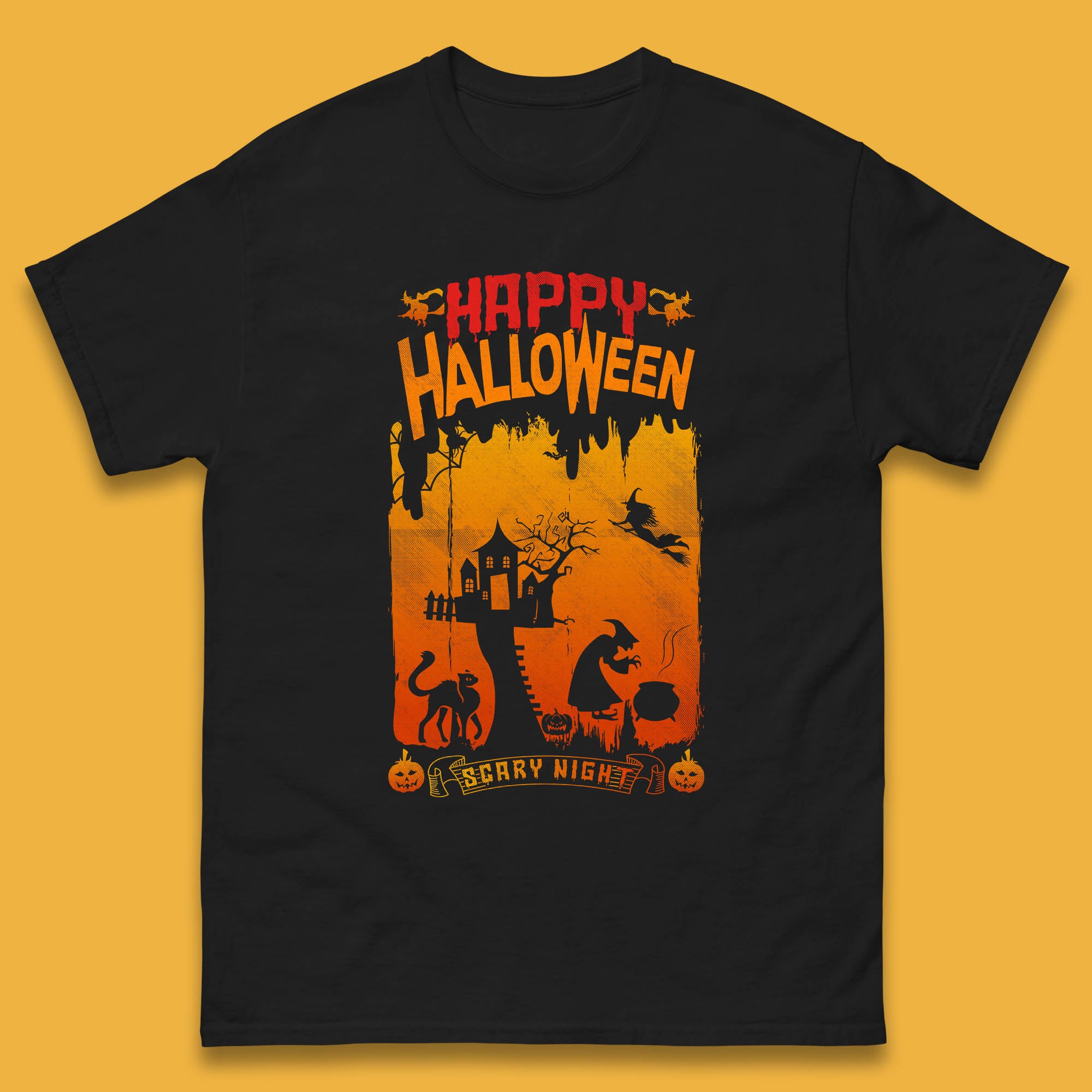 Happy Halloween Horror Hunted House Flying Witch Scary Spooky Night Mens Tee Top 2XL