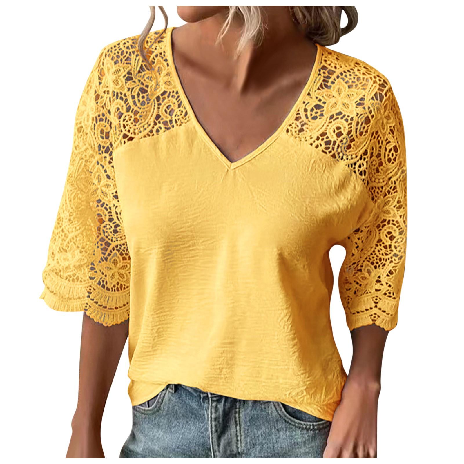 

(SU)Женские топы с половиной рукава, кружевные повседневные свободные блузки с V-образным вырезом, футболки, топы-туники