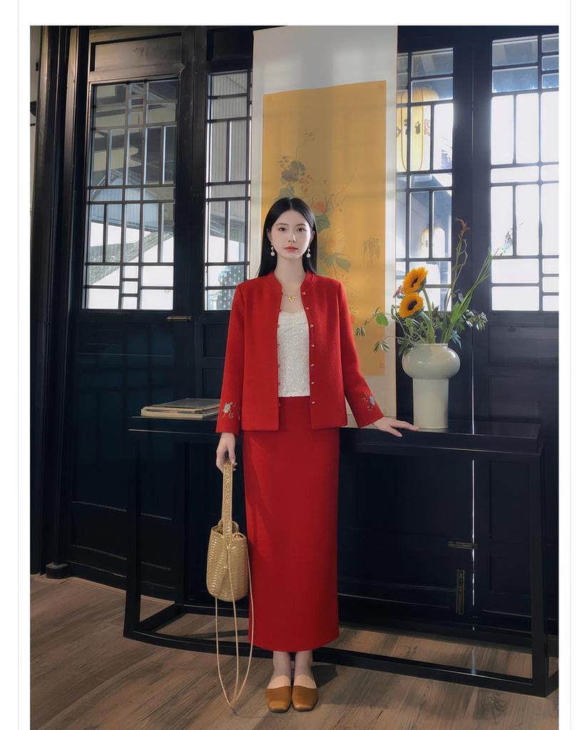 Winter 2026 Red High-End Double-Sided Wool Coat and Skirt Suit for Women, Chinese Style - NY033.