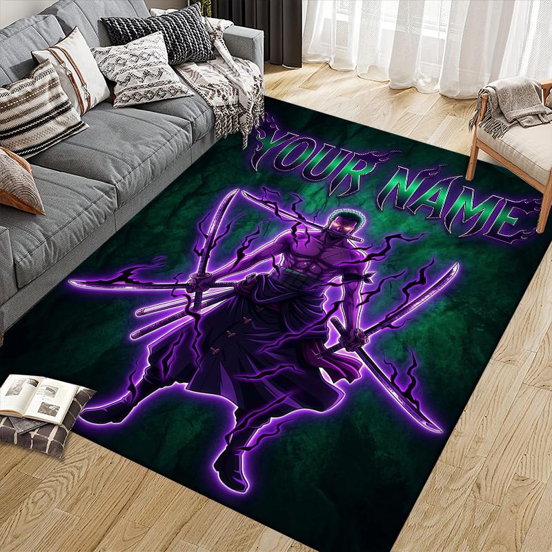 Custom Name,Roronoa Zoro Home Sofa Decoration for Living Room & Bedroom, Non‑Slip Play Flannel Floor Mat for Game Room