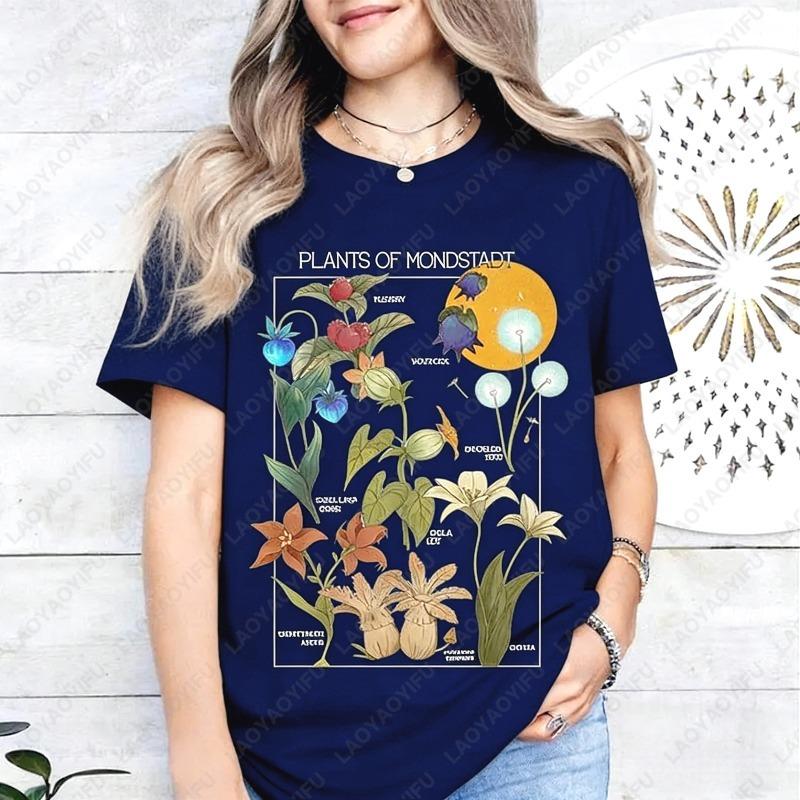 

Gen Impact Flower Tee Otaku Mondstadt Flowers Oneck Printed Tops Genshin Video Game Anime Twodimensiona Unisex Cotton Tshirts 4XL